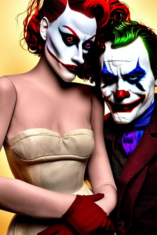 Image similar to joaquin phoenix joker with harley queen lady gaga, photorealistic, smooth, 4 k, aesthetic lighting, baroque object, sharp focus, hyperdetailed, professional photography, pullitzer winning, 8 0 0 photo by : canon eos 5 d mark iv, by karah mew and adnan abidi and jodie bateman