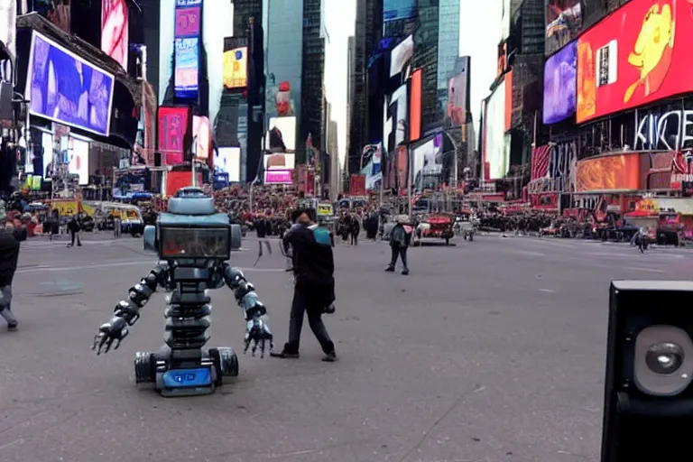 Prompt: robots attacking people in times square security camera footage