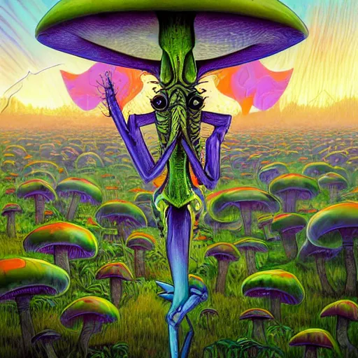 Image similar to 4 k headshot portrait of a psychedelic demonic anthropomorphic praying mantis with mushroom themed clothes, magic mushroom village in background by jeff easley, award winning, stylized neon, post - processing, masterpiece, superb resolution. in the art style of junji ito and greg rutkowski. detailed mushroom city in background. hyper realistic anime. perfect art. dalle 2