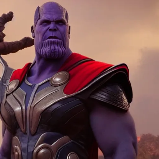 Prompt: thanos with thor costume, photorealistic, cinematic