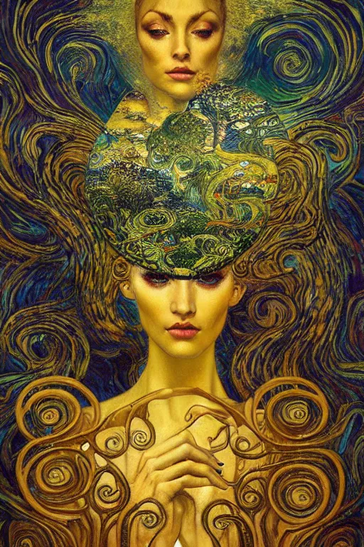 Prompt: Visions of Paradise by Karol Bak, Jean Deville, Gustav Klimt, and Vincent Van Gogh, visionary, otherworldly, fractal structures, ornate gilded medieval icon, third eye, spirals, heavenly spiraling clouds with godrays, airy colors