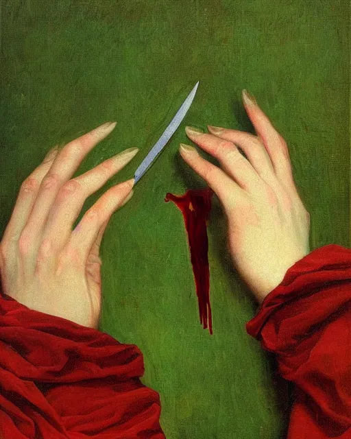 Prompt: by 1 9 th century famous painter, hands, nail polish, blood smear, knife, realism, realistic, oil painting, green wallpaper background