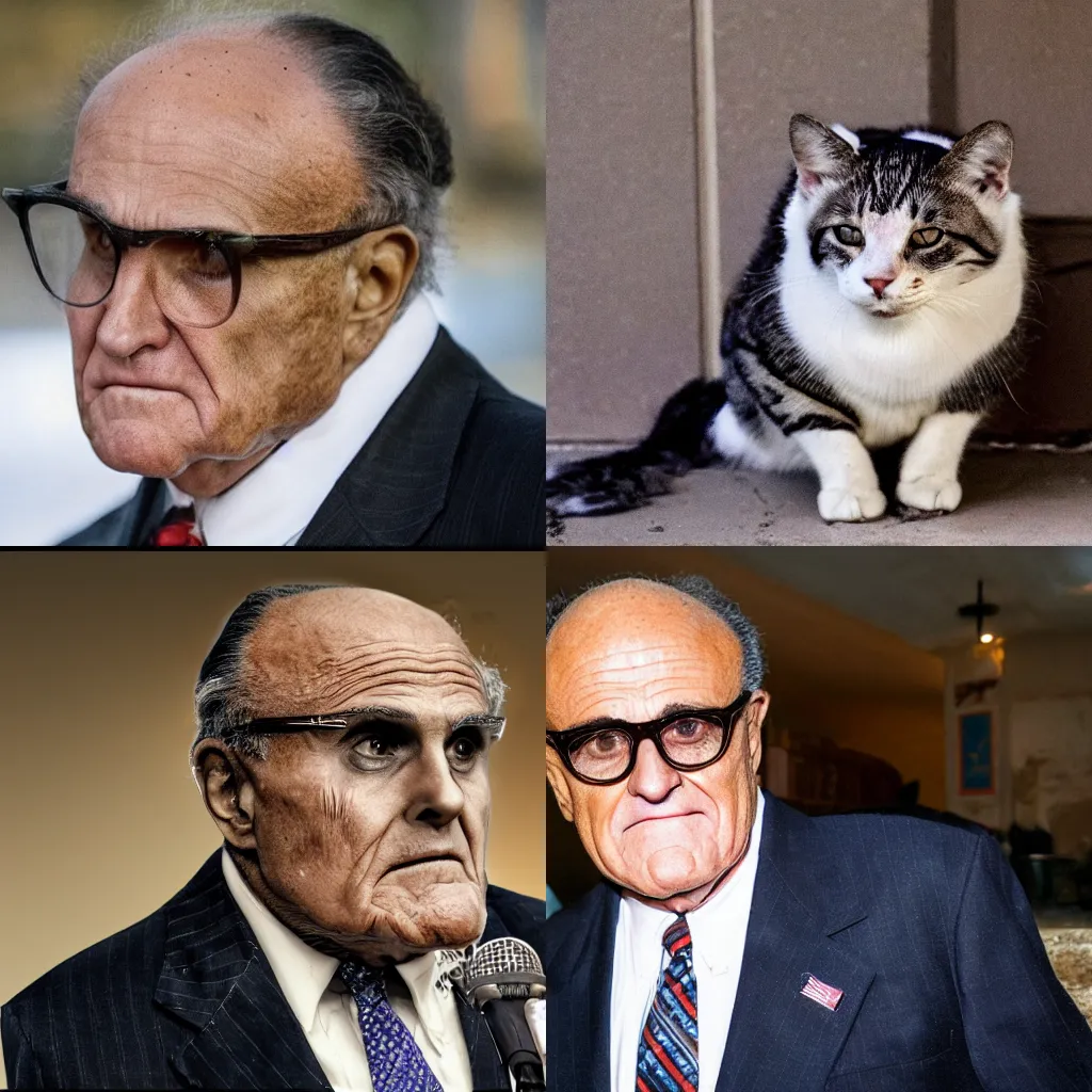 Prompt: Photo of a stray cat that looks exactly like Rudy Giuliani, extra greasy, oily sheen, putrid, 4k, high detail