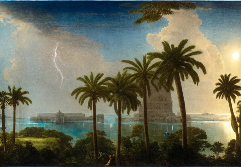Image similar to Palace floating in the sky, 1km tall, thunderstorm, greek pool, beach and palm trees on the background major arcana sky, by paul delaroche, hyperrealistic 4k uhd, award-winning, very very very detailed