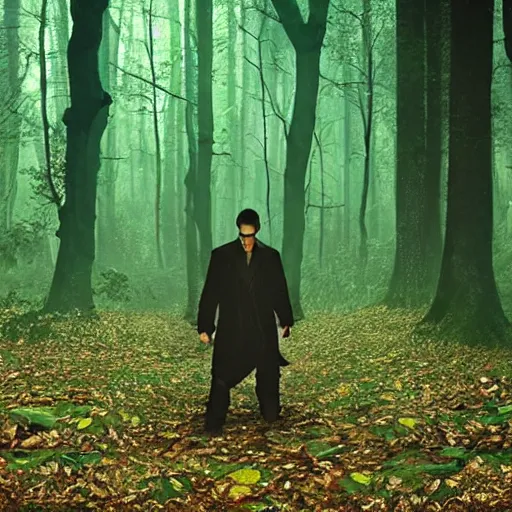 Prompt: dark forest protected by strange creature, the matrix movie style
