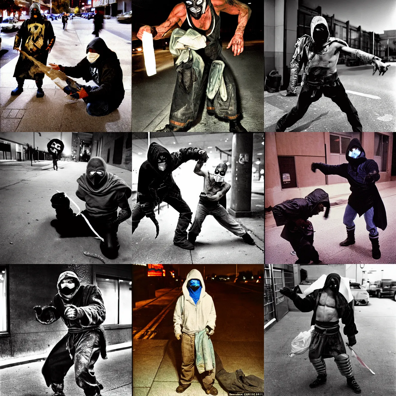 Prompt: homeless sub zero from mortal kombat in a mask fighting homeless scorpion, by bruce gilden, on a parking lot, overexposed, harsh flash, grainy, kodachrome, magnum photos