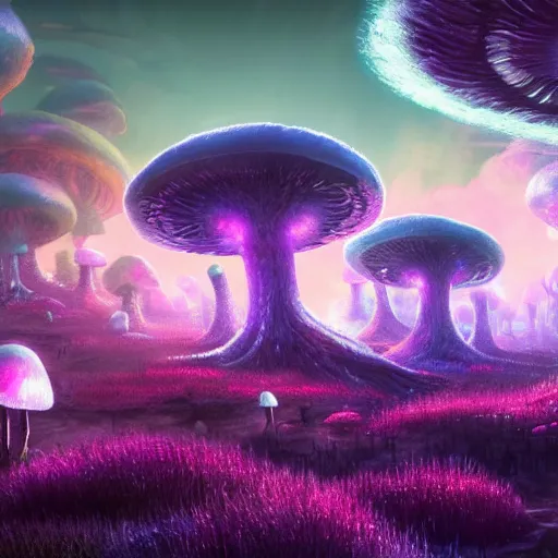 Image similar to concept art painting of a fantasy alien fungal landscape at night, magenta trees, glowing blue mushrooms, village of houses made of mushrooms, dark purple sky, realistic, detailed, cel shaded, in the style of makoto shinkai and greg rutkowski and albert bierstadt and james gurney