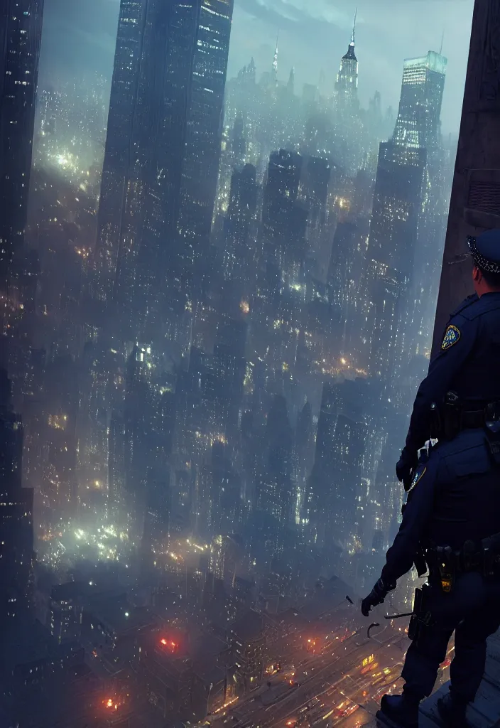 Image similar to a lone police officer overlooking a ledge towards the city below in ghostpunk new york city | highly detailed | very intricate | cinematic lighting | by asher brown durand and eddie mendoza | featured on artstation