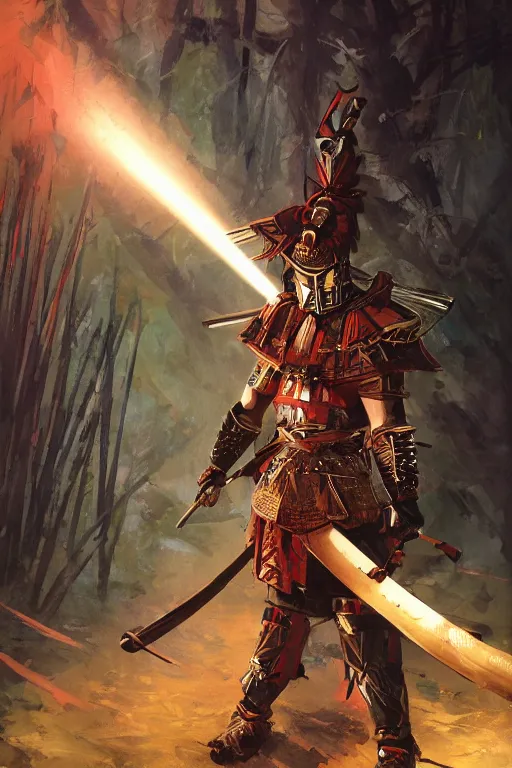 Image similar to a warrior in an epic samurai armor in dark japanese bamboo forest with light shafts, by jesper ejsing and maciej kuciara