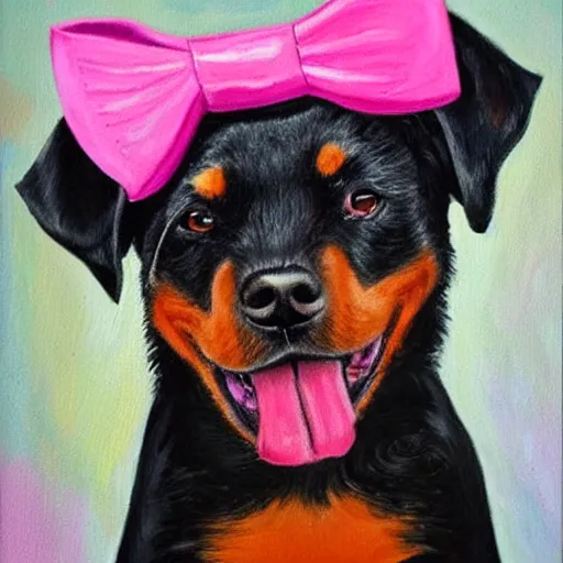 Image similar to a painting of a rottweiler with a pink hair bow, tongue sticking out