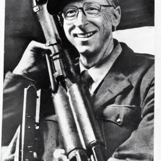 Image similar to old wartime photograph of bill gates holding a lewis gun, 1 9 1 7