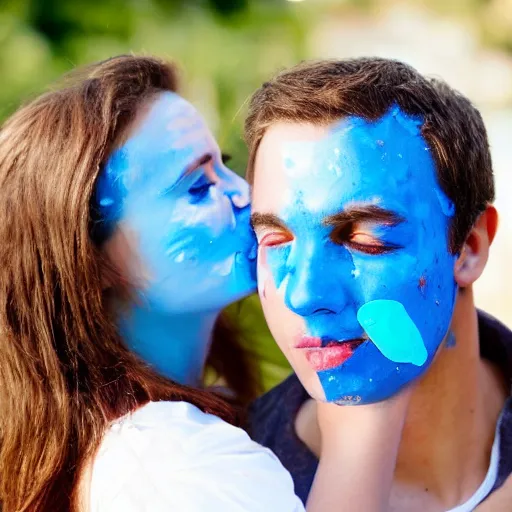 Image similar to couple kissing with bright blue glue paste in faces