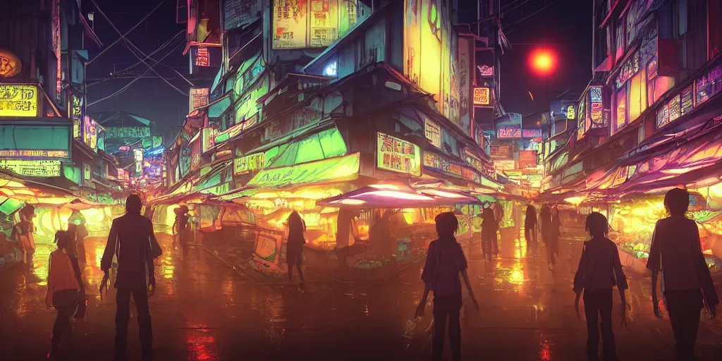 Image similar to twilight lighting, moody, atmospheric, solarpunk, cyberpunk, a render of davao city's roxas night market, rainy, in the art style of neon genesis : evangelion, 8 0 s anime style, by ghibli studio and victor ngai, ghost in the shell art style, akira artstyle, pixar highly detailed, 8 k h 5 7 6