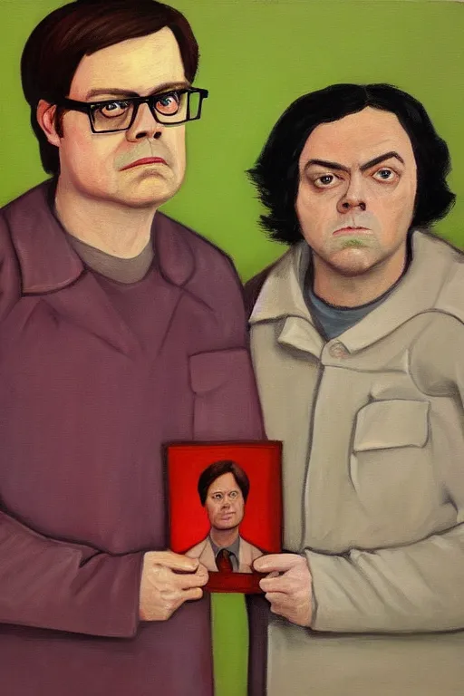 Image similar to portrait painting of dwight schrute and joe lo truglio, in the style of felice casorati