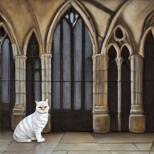 Image similar to oil painting extreme wide shot of a [ white and grey tabby cat ] wearing a [ hufflepuff scarf ], in the gloucester cathedral cloisters