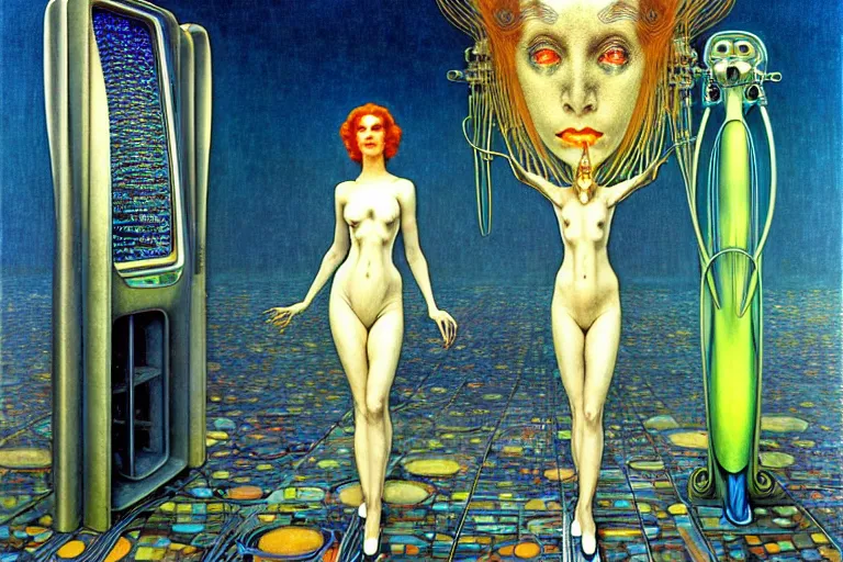 Image similar to realistic extremely detailed portrait painting of a ghost woman posing with anthropomorphic supercomputer robot, futuristic sci-fi city on background by Jean Delville, Amano, Yves Tanguy, Alphonse Mucha, Ernst Haeckel, Edward Robert Hughes, Roger Dean, rich moody colours, blue eyes