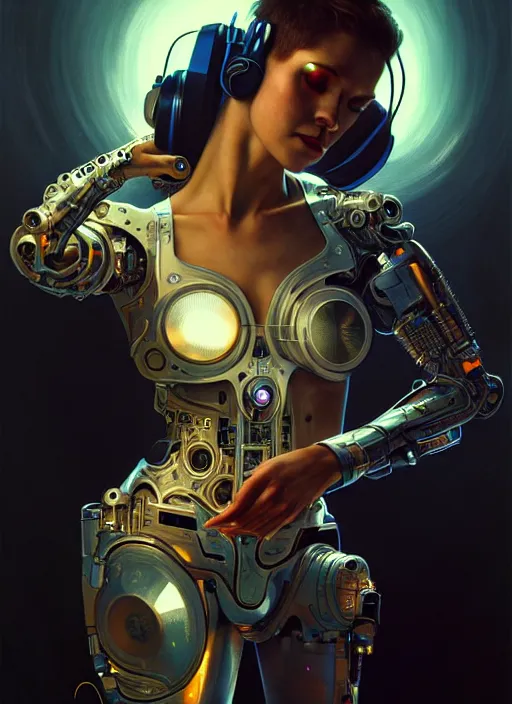 Image similar to cyborg DJ mixing on stage , diffuse lighting, fantasy, intricate, elegant, highly detailed, lifelike, photorealistic, digital painting, artstation, illustration, concept art, smooth, sharp focus, art by John Collier and Albert Aublet and Krenz Cushart and Artem Demura and Alphonse Mucha