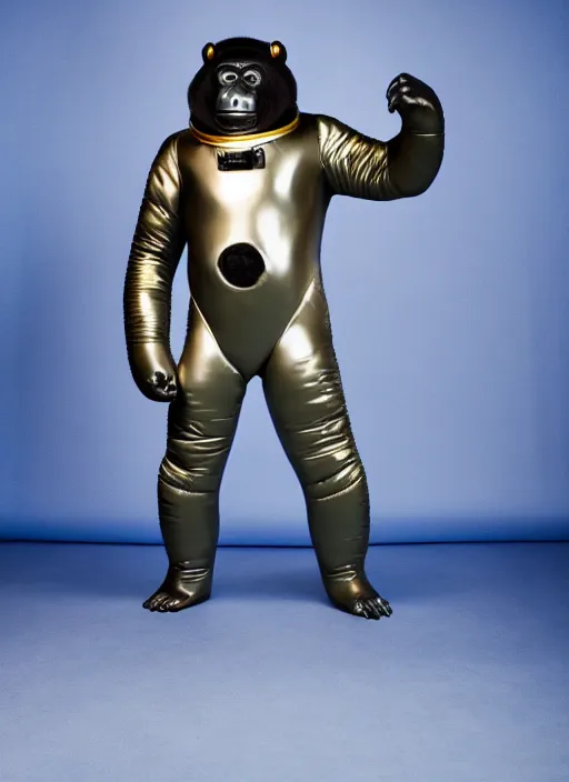 Prompt: studio photo still of a full body gorilla in a space suit, 8 k, studio lighting, key light from right side,