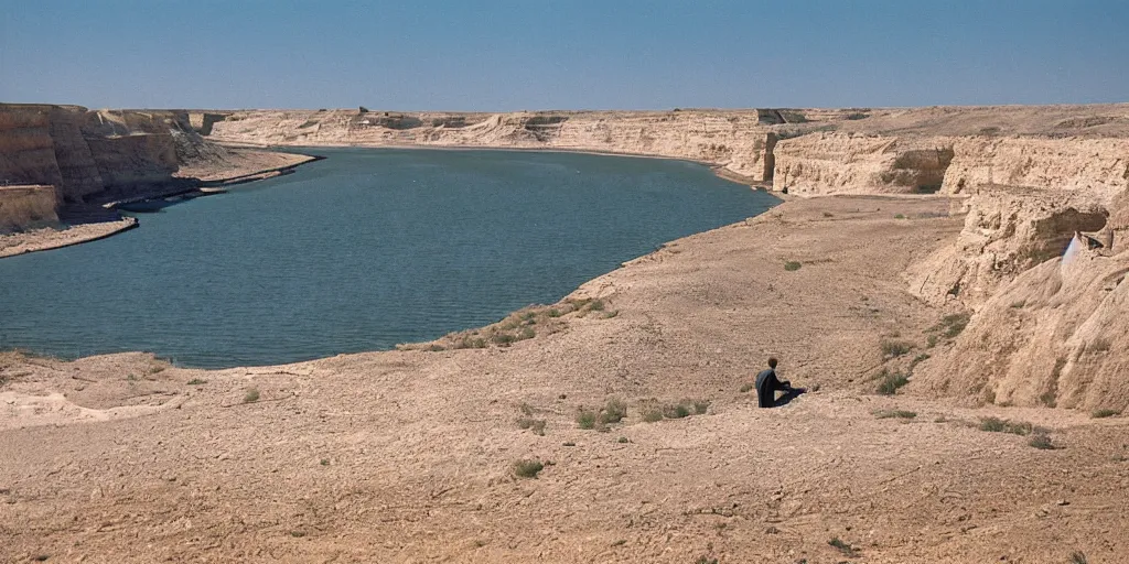 Image similar to photo of green river, wyoming cliffs. the silhouette of an old man in a trench coat and a cane stands still very far away in the distance, facing at the camera. midday sun. hot and dry conditions. kodak ektachrome.