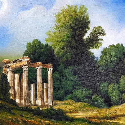 Prompt: roman temple on a hill. roman city. detailed oil painting, landscape, historical painting.