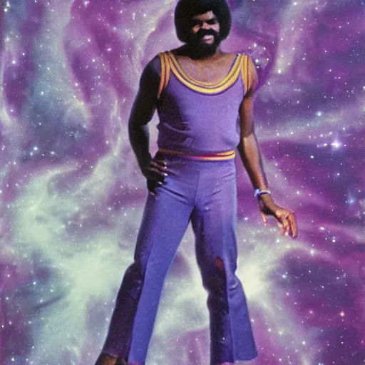 Prompt: Billy Preston (1974) in space in front of a purple nebula