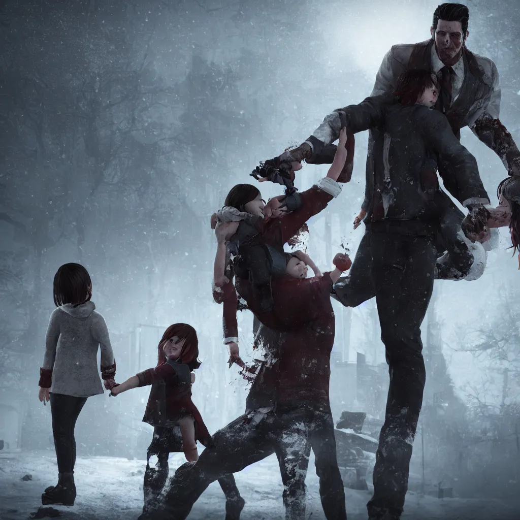 Prompt: Sebastion Castellanos of The Evil Within 2 holding his daughter, making your way home, snowy plains, unreal engine 5, wallpaper, emotional