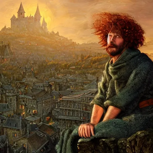 Prompt: a rugged man with curly red hair wearing a green cloak playing a guitar sitting on a roof top, medieval setting, entire city visible, zoomed out, atmospheric lighting, painted, intricate, volumetric lighting, beautiful, rich deep colours masterpiece, golden hour, digital art, by leesha hannigan, ross tran, thierry doizon, kai carpenter, ignacio fernandez rios