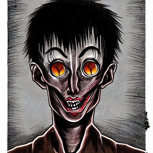 Image similar to a dark brown humanoid, hyper detailed, in the style of junji ito and and junji ito and junji ito, selfie