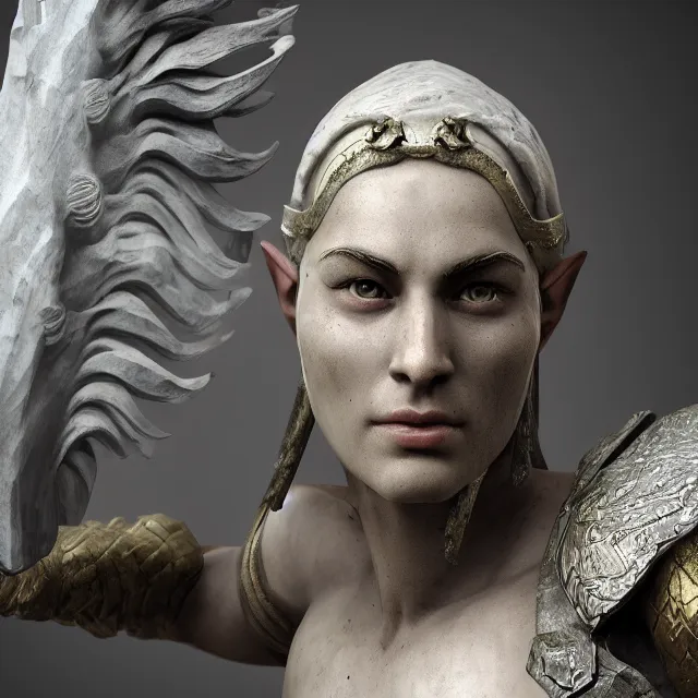 Prompt: marble sculpture of a warrior elf, realistic, unreal engine render, octane render, hyper realistic, photo, 8 k, cinematic lighting