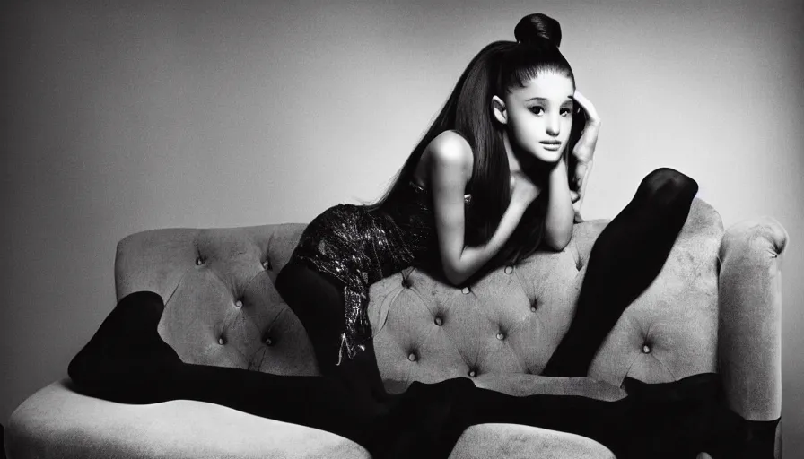 Image similar to award winning photo of Ariana Grande on a chesterfield lounge, symmetrical face, beautiful eyes, studio lighting, wide shot art by Sally Mann & Arnold Newman