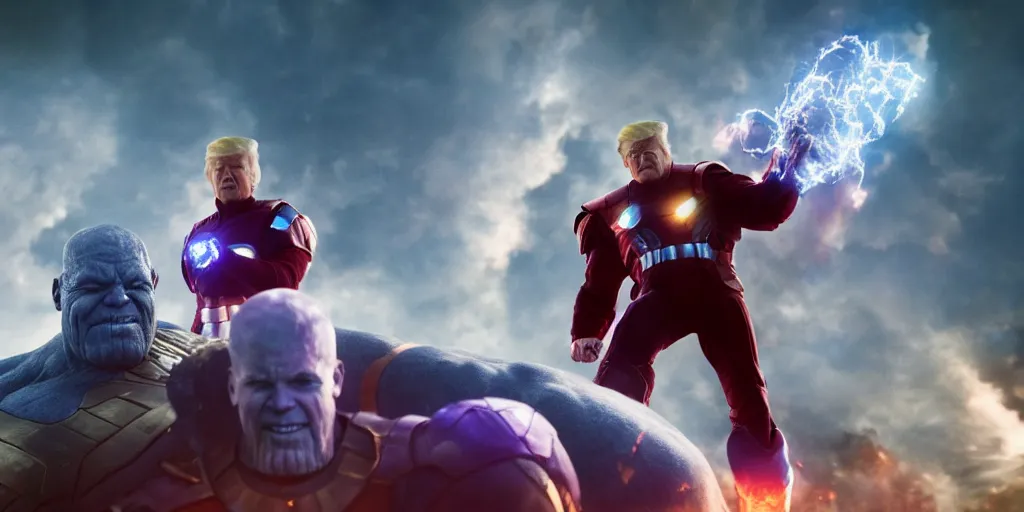 Prompt: a professional cinematic photo of donald trump fighting thanos on top of white house. extremely high fidelity. key light.