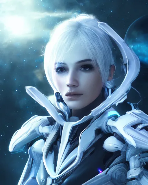 Image similar to photo of a beautiful girl on a mothership, android, warframe armor, pretty face, scifi, futuristic, galaxy, raytracing, dreamy, perfect, aura of light, pure, white hair, blue cyborg eyes, glow, insanely detailed, artstation, innocent look, art by gauthier leblanc, kazuya takahashi, huifeng huang