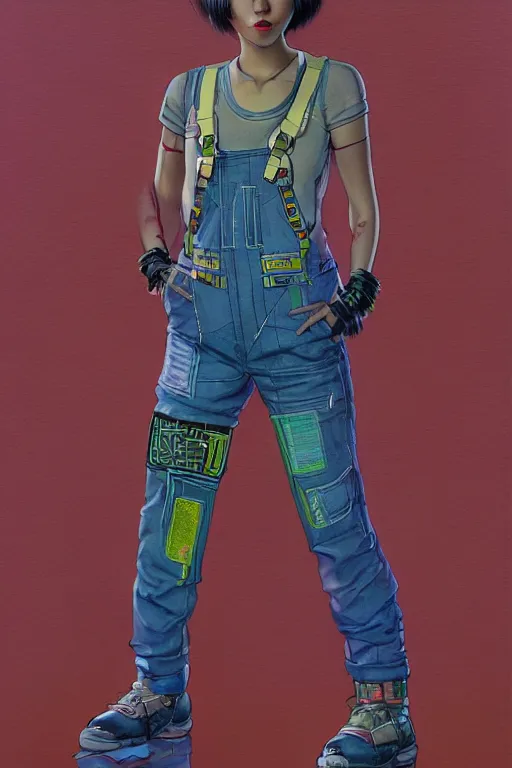 Image similar to a full body illustration of an asian female cyberpunk character wearing dungarees, highly detailed, oil on canvas, soft lighting, neon pastel colors, by Jean Giraud, HD, 4K