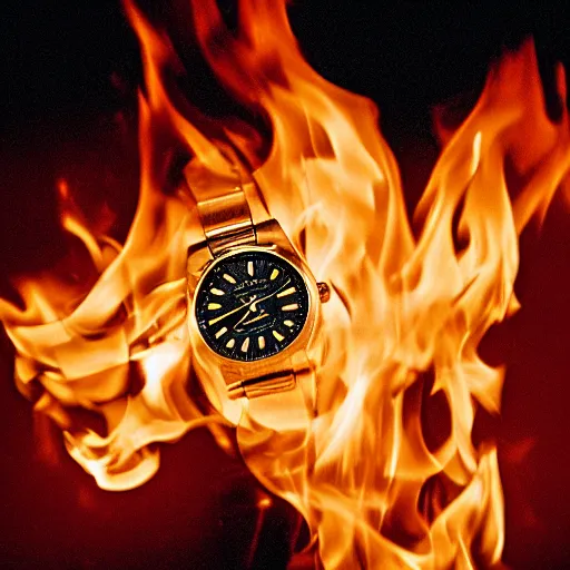 Image similar to a gold rolex engulfed in flames, film photo