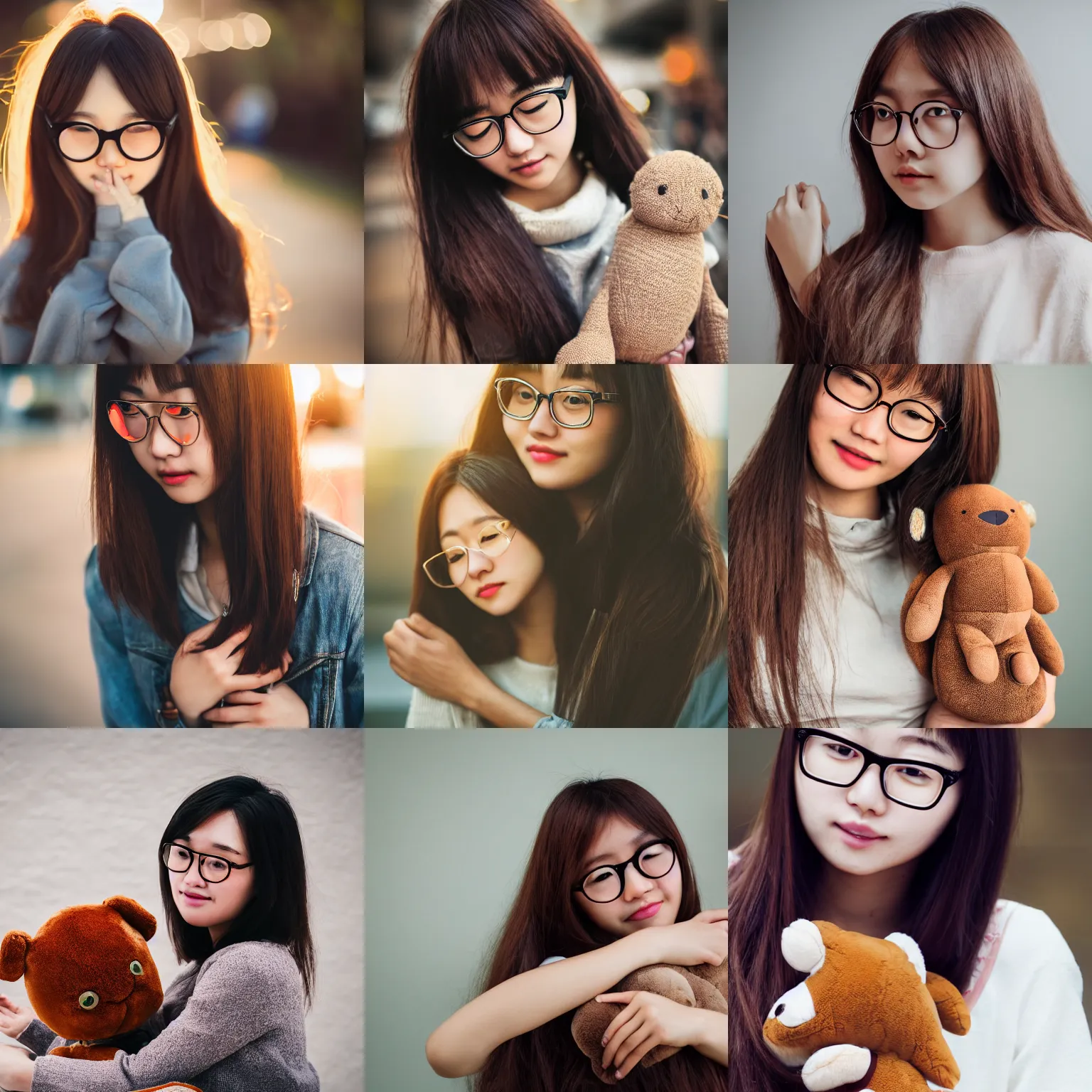 Prompt: portrait, award - winning, beautiful, cute, adorable, brown colored long hair, wearing round glasses and trendy clothing, hugging a plushie, korean girl, bokeh, intricate, highly detailed face and hand, 8 k