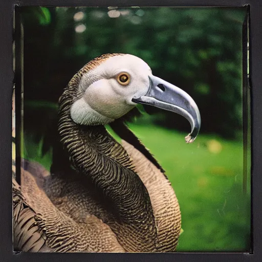 Prompt: real picture of a dodo bird in zoo, taken on Polaroid camera, detailed