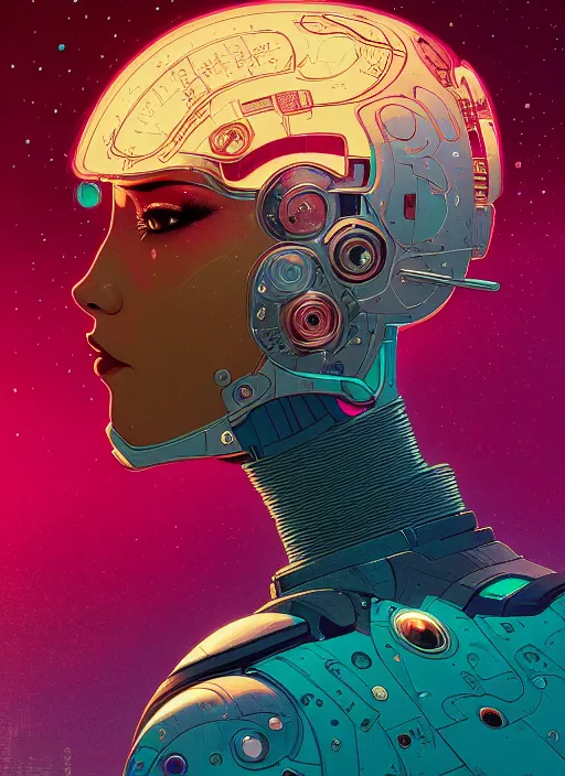 Prompt: a close - up side view portrait of cyborg beautiful ( ( ( ( girl soldier ) ) ) ) by victo ngai, kilian eng vibrant colours, dynamic lighting, digital art, winning award masterpiece, fantastically beautiful, illustration, aesthetically inspired by beksinski and dan mumford, trending on artstation, art by greg rutkowski, 8 k
