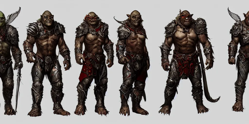 Prompt: three different views of orcs in armour, intricate concept art by senior character artist, trending on artstation, artstation hd, full body, 2 d game art