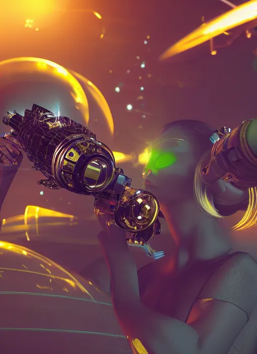 Image similar to a Raypunk depiction of a woman holding a raygun, UFOs in the background, octane render, subsurface scattering, life like, intricate detail, 4K HD