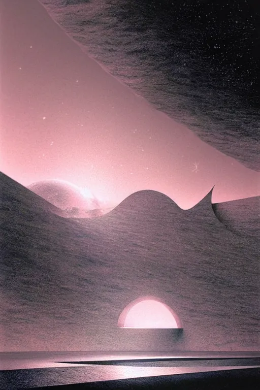 Image similar to emissary space by arthur haas and bruce pennington and john schoenherr, photo realism, cinematic matte painting, zaha hadid building in the mountains with falling snow, monochrome color palate, pink sunset,