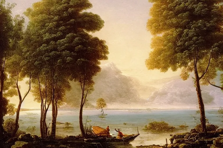 Prompt: beautiful landscape with winter and lake and coconut trees, mythology, fantasy, landscape background, vivid colors, digital painting, very detailed, realistic, high quality, by claude lorrain