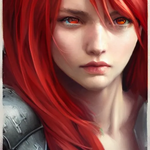 Prompt: draconic girl, portrait, highly detailed, trending on artstation, d & d, concept art, sharp focus, red hair, illustration, digital painting, art by artgerm and greg rutkowski and magali villeneuve