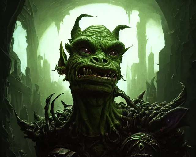Image similar to 4 k cinematic still portrait of a goblin in a dark liminal space room, nurgle, deep focus, d & d, fantasy, intricate, repulsive, highly detailed, digital art, art station, concept art, matte, sharp focus, illustration, dark fantasy art, hearthstone, art by artgerm and greg rutkowski and alphonse mucha