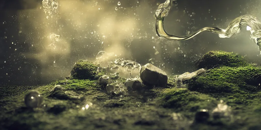 Image similar to terrarium photograph, a pipe flowing with milky liquid, central composition, fluid, ultra clear material, volumetric light, lightrays, cinematic, atmospheric, 3 d concept art, octane render, beautiful, cinematic lighting, intricate details.