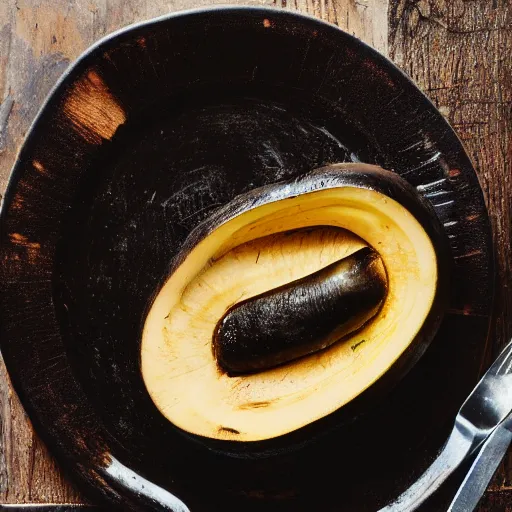 Image similar to photo of a delicious black banana on a plate on the table of a rustic farmhouse in cornwall