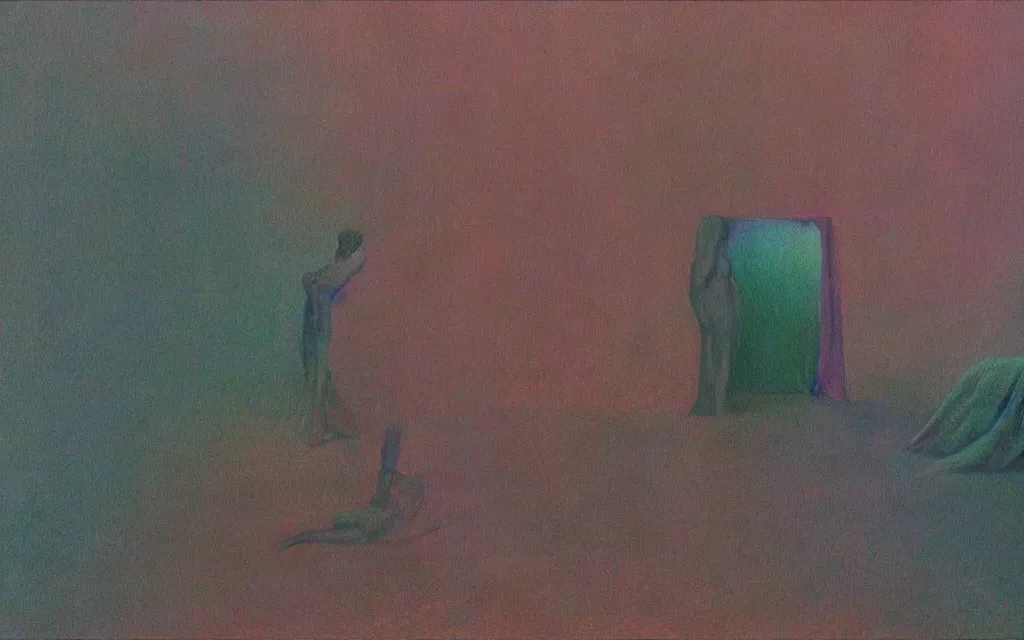 Image similar to colorized movie still from haxan, oil painting by zdzisław beksinski, iridescent color palette chromatic aberration