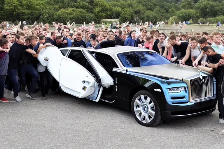 Image similar to Group of teenagers push Rolls-Royce into lake