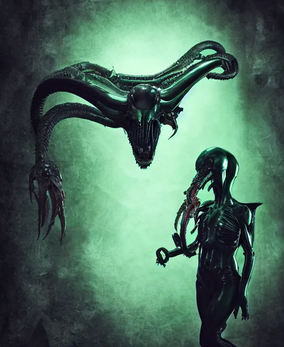 Image similar to xenomorph queen goth model hybrid, dragon eggs, dark emerald mist colors, giger background liminal void, cinematic lighting, realistic, award winning photograph, various refining methods, micro macro autofocus