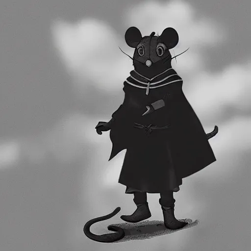 Image similar to a black and white matte painting of an anthropomorphic rat dressed in medieval clothing, renaissance, studio Ghibli, open landscape, plants