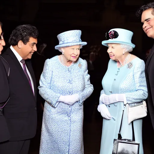 Prompt: Queen Elizabeth II meets Juan Gabriel, professional photography, 8k, highly detailed, 30mm